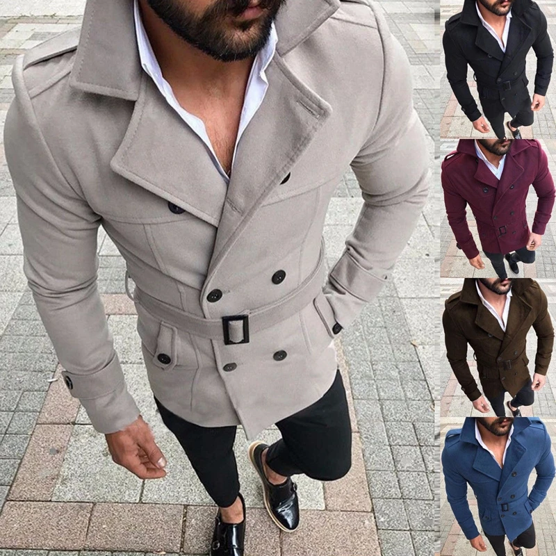 

Men Winter Wool Warm Trench Coat Reefer Jackets Double Breasted Peacoat Outwear