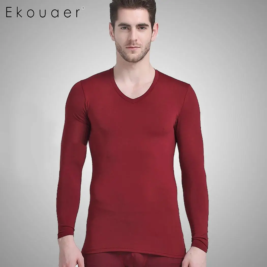 Ekouaer Winter Thermal Underwear Sets Sleepwear Seamless Solid O-Neck Long Sleeve Warm Set Male Therm Johns | Мужская одежда