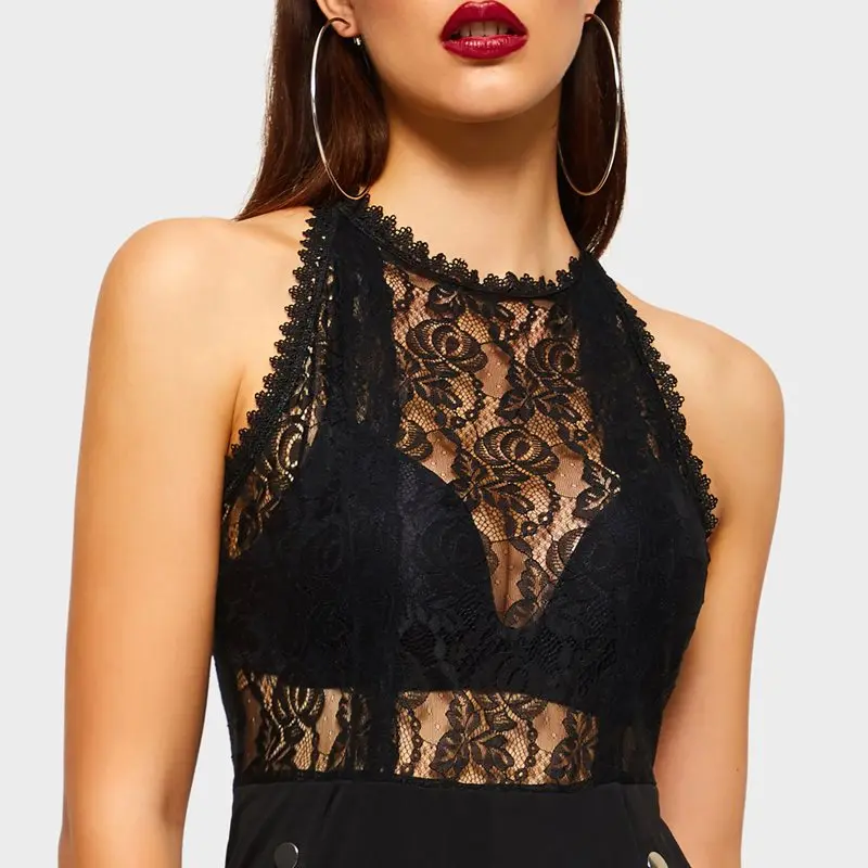 Черный комбинезон женский без рукавов металлические пуговицы дизайн лоскутное