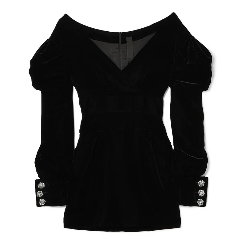 

2019 Autumn New Sexy Solid Color Strapless V Fashion Hubble-bubble Sleeve Dress Woman