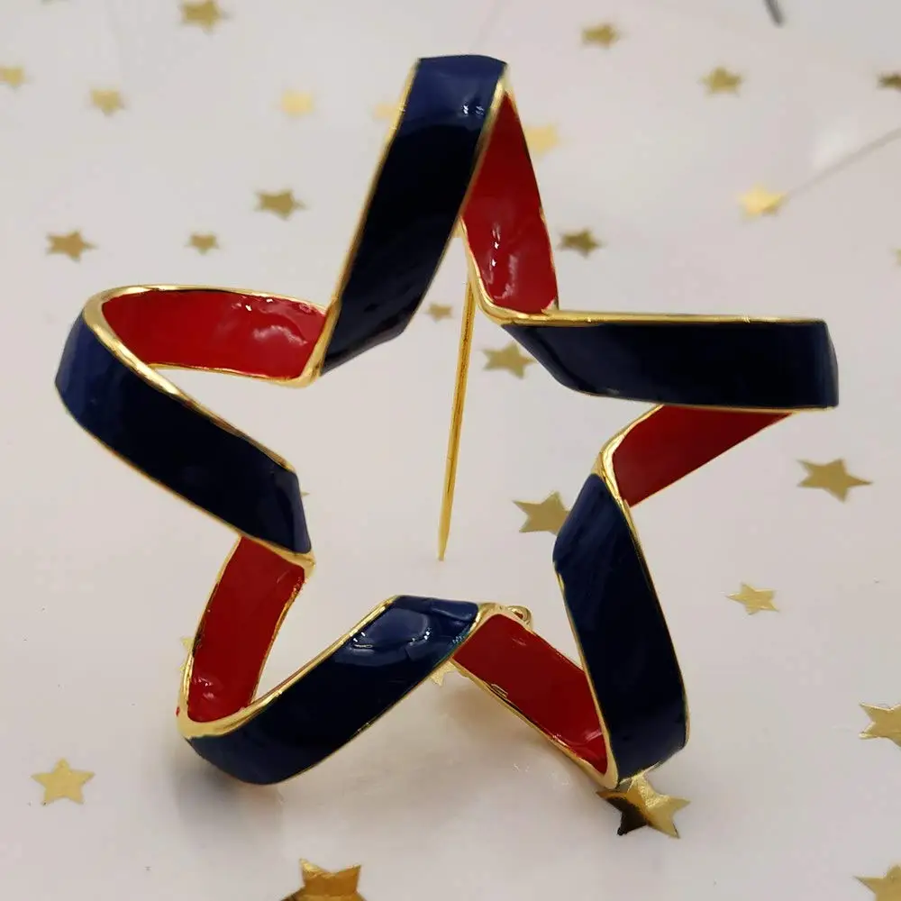 

Independence Day Jewelry Opens Ribbon Style Five Point Blue Red Enameled Star Brooches Pins Goldtone Women Dress Shirt Accessory
