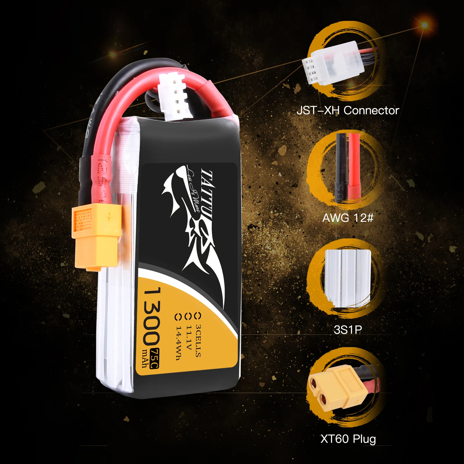 Литий полимерный аккумулятор Tattu 3S 1300mAh Lipo батарея 11 1 V FPV Дрон 75C XT60 разъем ZMR250 Qav 250