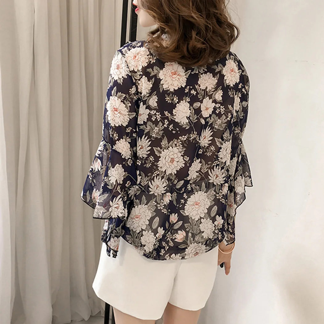 2019 новый цветочный для женщин оборками короткий рукав рубашка Boho Harajuku шифоновые