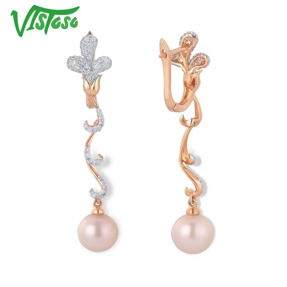 VISTOSO Pure 14K 585 розовое золото сверкающие бриллианты элегантные жемчужные серьги