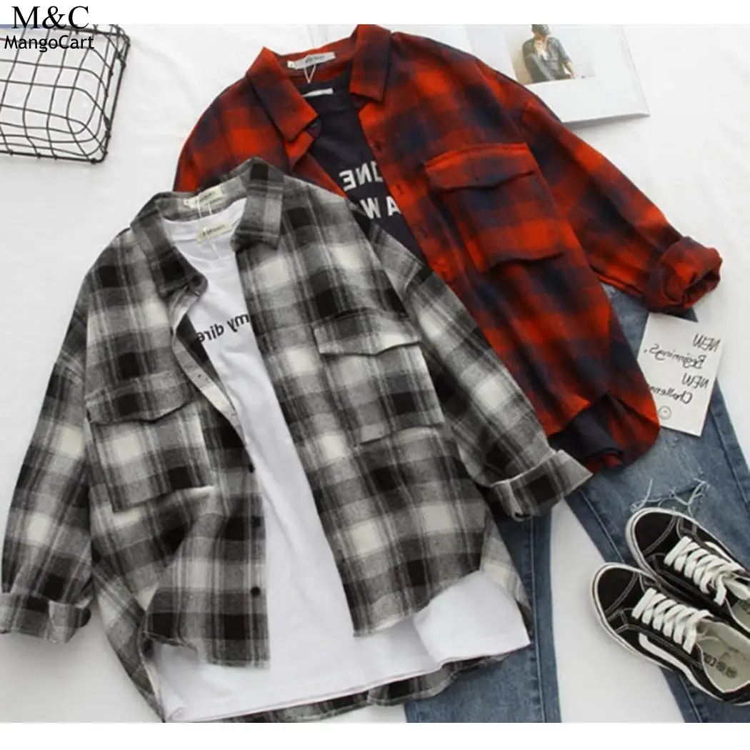 Plaid Shirt Long Large Sleeve Buttons BF Front Women Blouses Style Casual Shirts pockets 2018 Cotton |