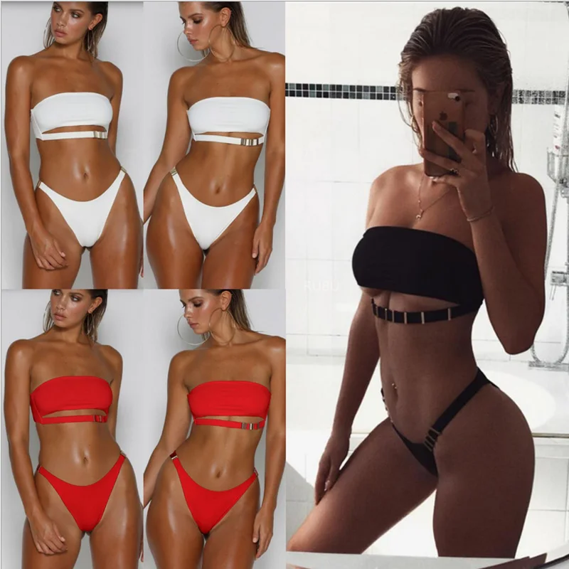 Женский комплект бикини без бретелек пуш ап бюстгальтер с подкладкой купальник