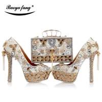 luxury cyrstal wedding shoes with matching bags woman fashion high heels women party dress shoes round toe platform shoes