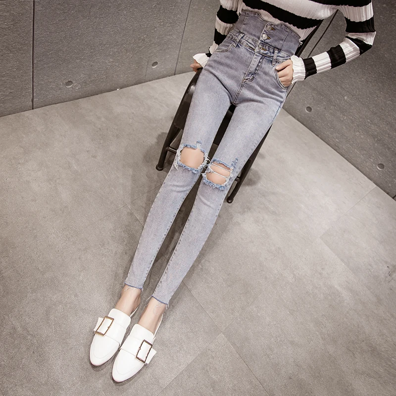 2019 Ripped Jeans Women Tight Skinny Woman Stretch Jean Female Trousers Korean tight hole little pencil pants | Женская одежда