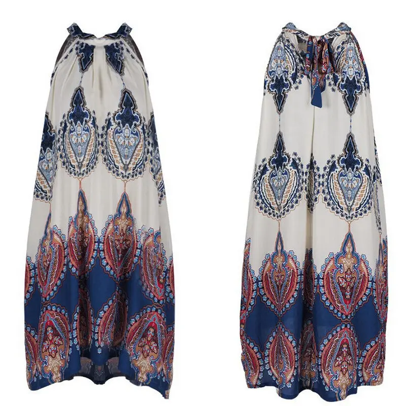 

Women Summer Holiday Beach Loose Mini Sundress Ladies Casual Sleeveless Hanging Neck Swing Boho Short Mini Dress