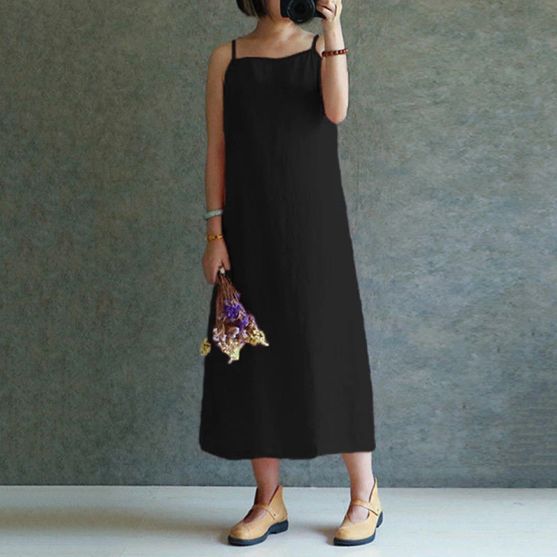 Летнее женское платье на бретельках из хлопка и льна повседневные платья туника