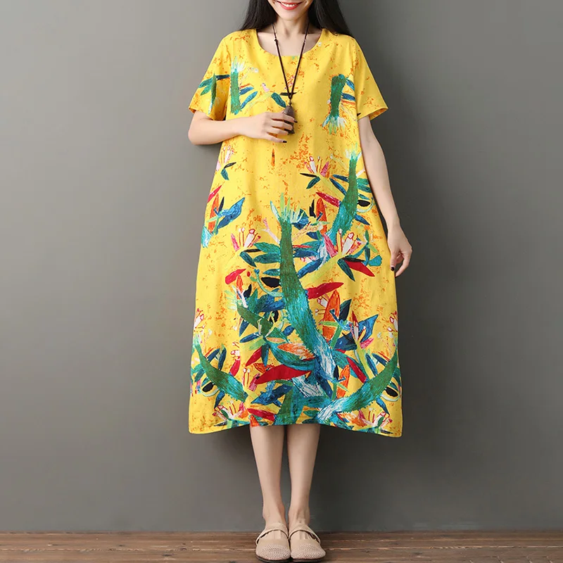 Платье женское длинное в этническом стиле свободное хлопково льняное Макси с