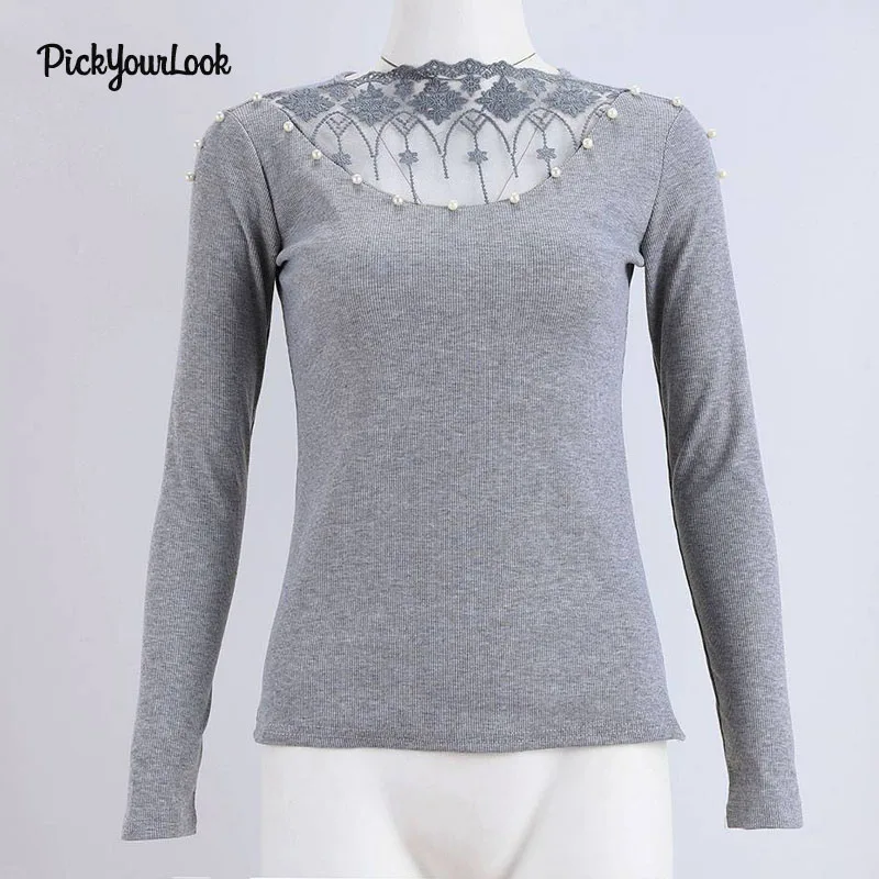 PickyourLook кружевная рубашка женские трикотажные пуловеры с длинным рукавом
