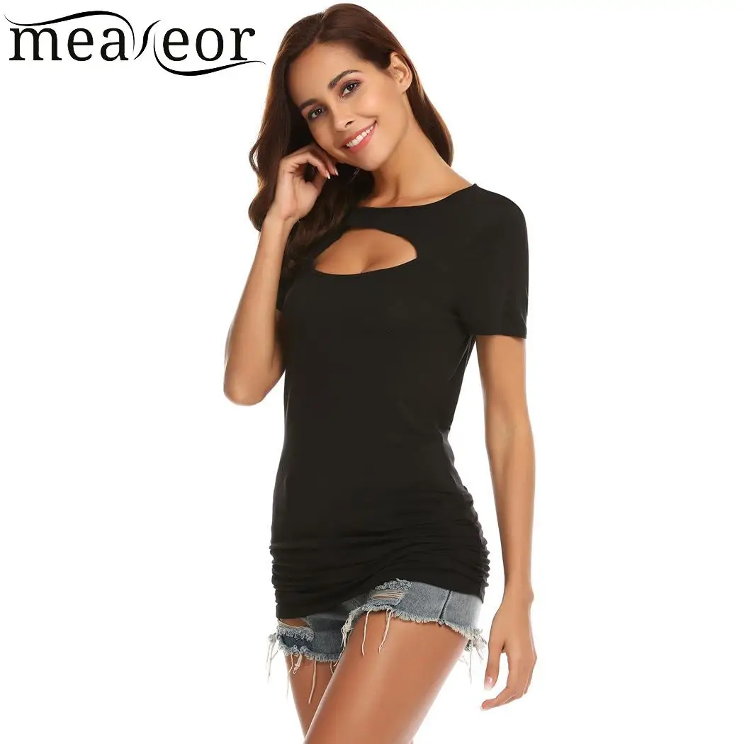 Meaneor рукав Slim Fit повседневный круглый вырез короткий женский замочный Футболка