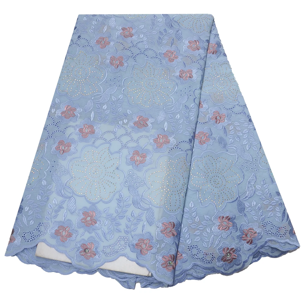 

2019 New arrival blue African cotton dry Korean Swiss voile laces fabric in Switzerland stones high quality Nigerian for dress