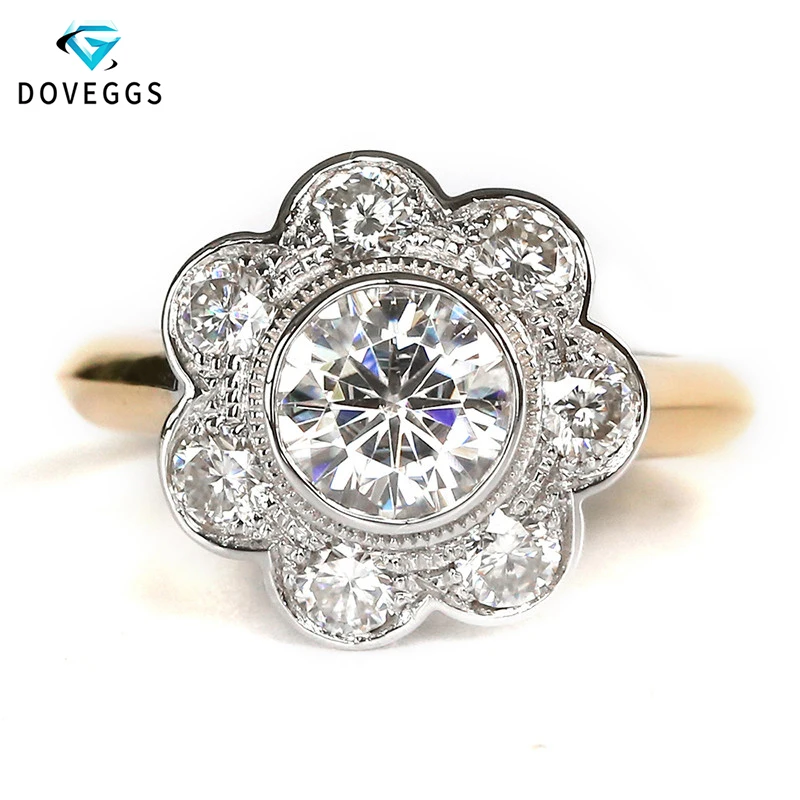Обручальное кольцо DovEggs желтое и белое золото 14 к обруч с цветком Halo Moissanite 1ct 6 5 мм 3