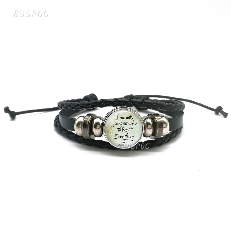 

I Am Not Young Enough To Know Everything Oscar Wilde Quote Bracelets, DIY Glass Dome Black Leather Bracelet , Birthday Gift