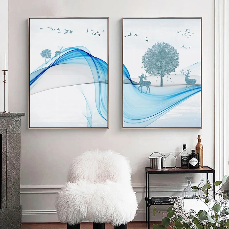 Скандинавская декорация лось лес ландшафт Настенная картина искусство печать