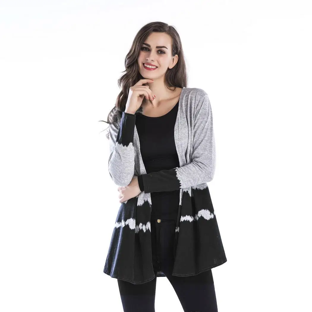 Women Casual Long Sleeve Top Gradient V-Neck Spring Autumn Wine Red Black Blue Color Patchwork Cardigan |