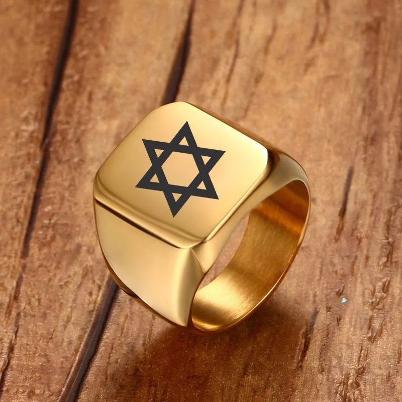 

Men Pinky Signet Ring in Golden Stainless Steel with Laser Engraving Star of David Male Jewelry