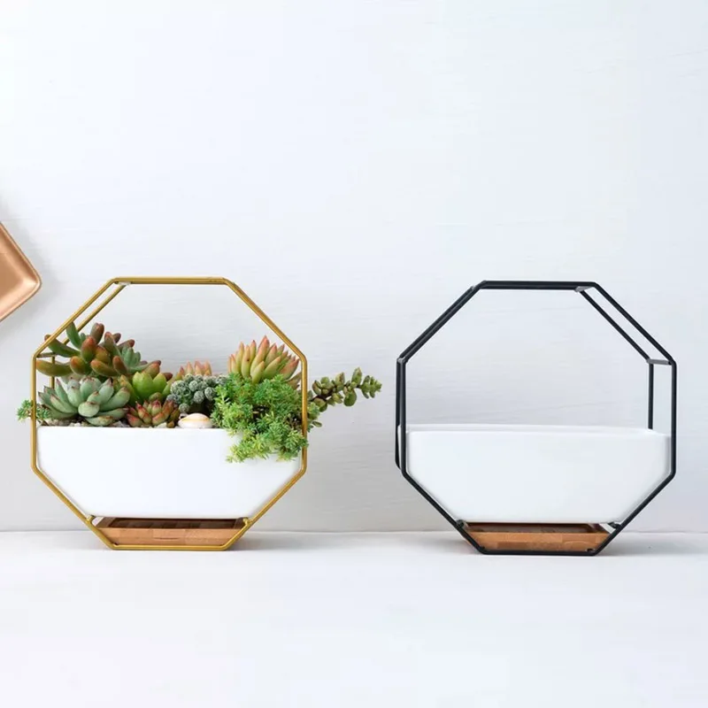 Minimalist Octagonal Geometric Wall Hanging Table Succulents Ceramic Flower Pot Bamboo Tray Iron Frame Set Crafts Gifts Black+|Цветочные