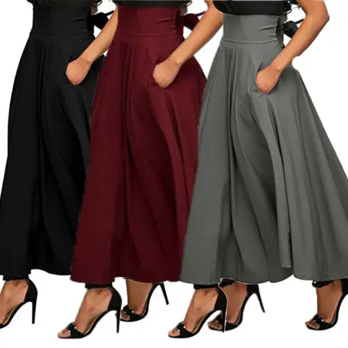 Vintage Women Lady Stretch High Waist Skater Flared Pleated Swing Long Skirt Loose Casual Party Club | Женская одежда