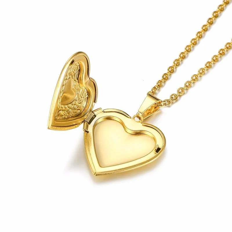 Womens Romantic Floral Embossed Gold Locket Necklace Girls Heart Photo Pendant in Golden Stainless Steel for Girl | Украшения и