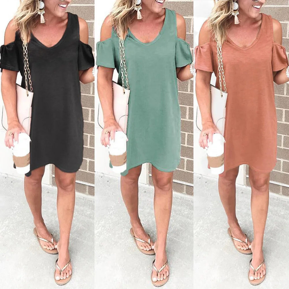Женское летнее свободное платье с коротким рукавом Пляжное мини открытыми
