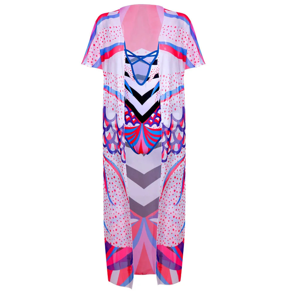 

Women One Piece Bandage Swimsuit+Chiffon Bikini Beach Cover Up 2019 Summer Brazilian Biquinis Print Cardigan Swimwear Plus Size