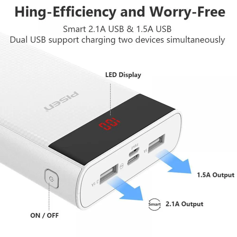 PISEN 20000 мАч power Bank type C Micro USBLED внешний портативный аккумулятор Двойной USB быстрая