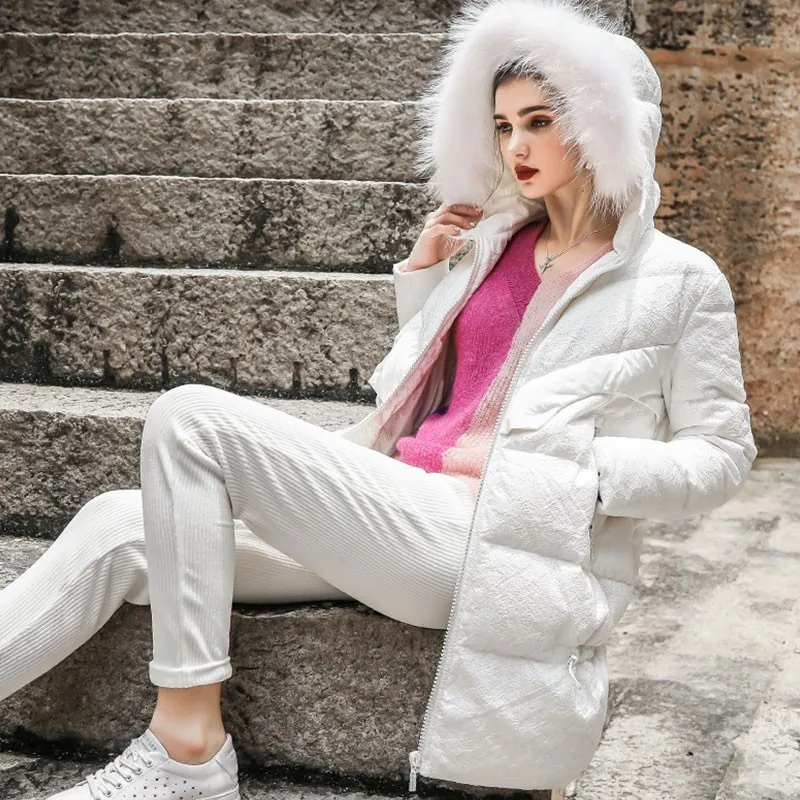 Women Winter White Big Fur Collar Duck Down Parka Warm Coat Jacket Female 2019 New Fashion Vintage Over The Knee Outerwear HJ63