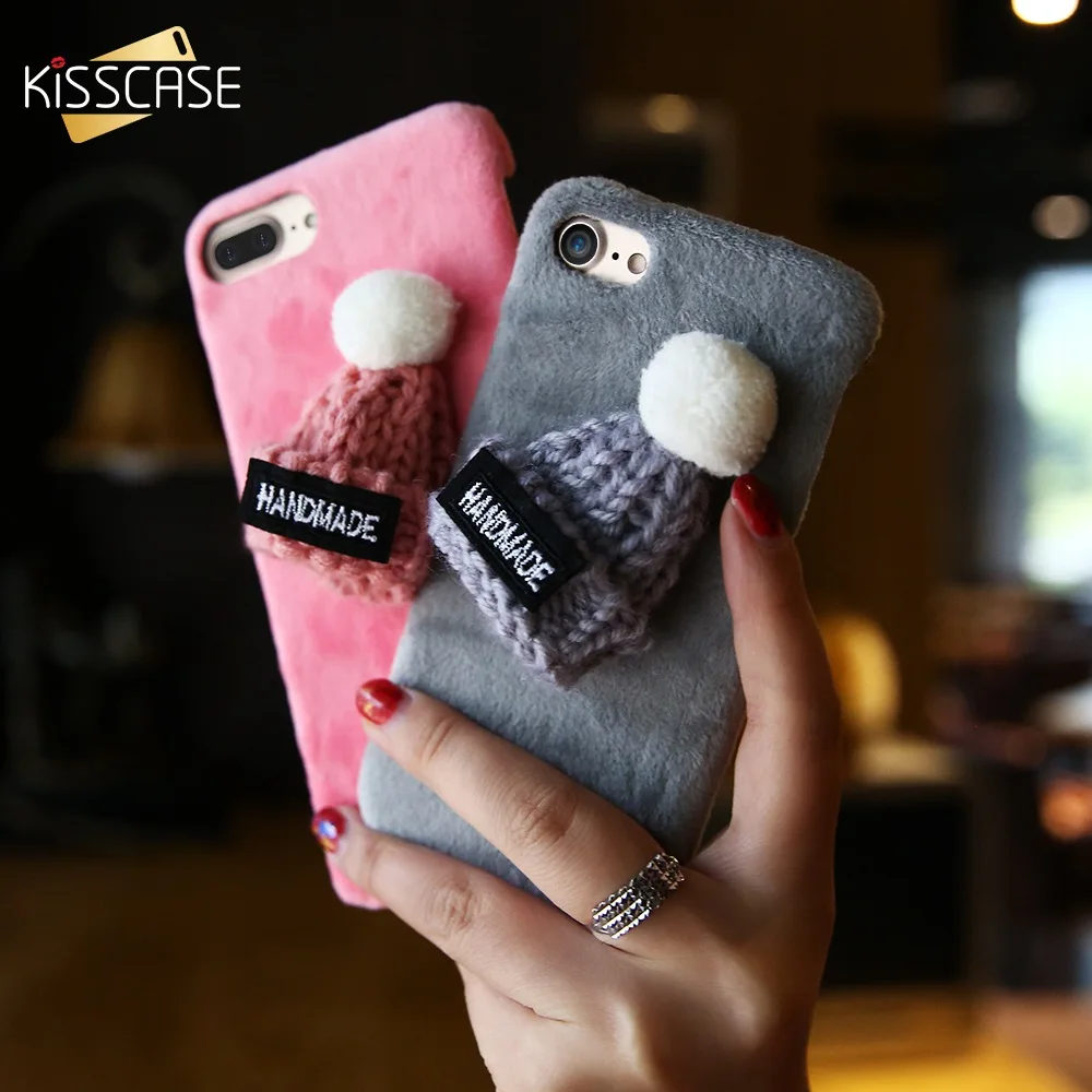 Пушистый чехол KISSCASE ручной работы с шапкой для iPhone X 8 7 6S 6 Plus XS Max XR милый меховой