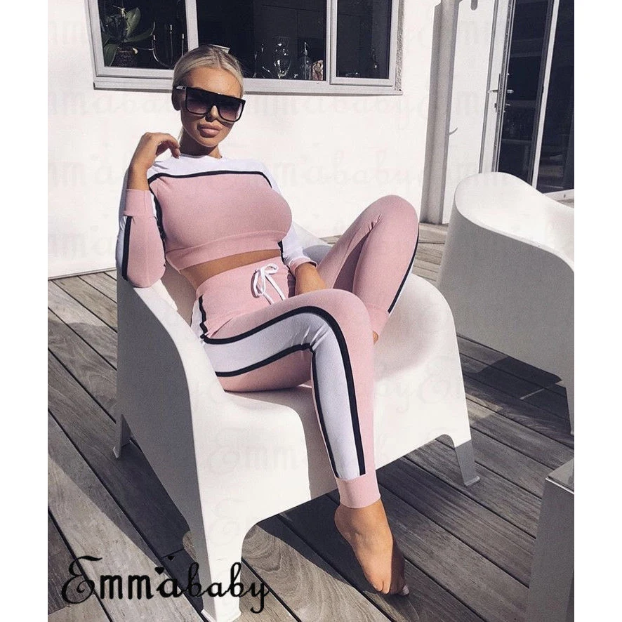 Женский тренировочный костюм комплект из 2 предметов: Топ в полоску и штаны