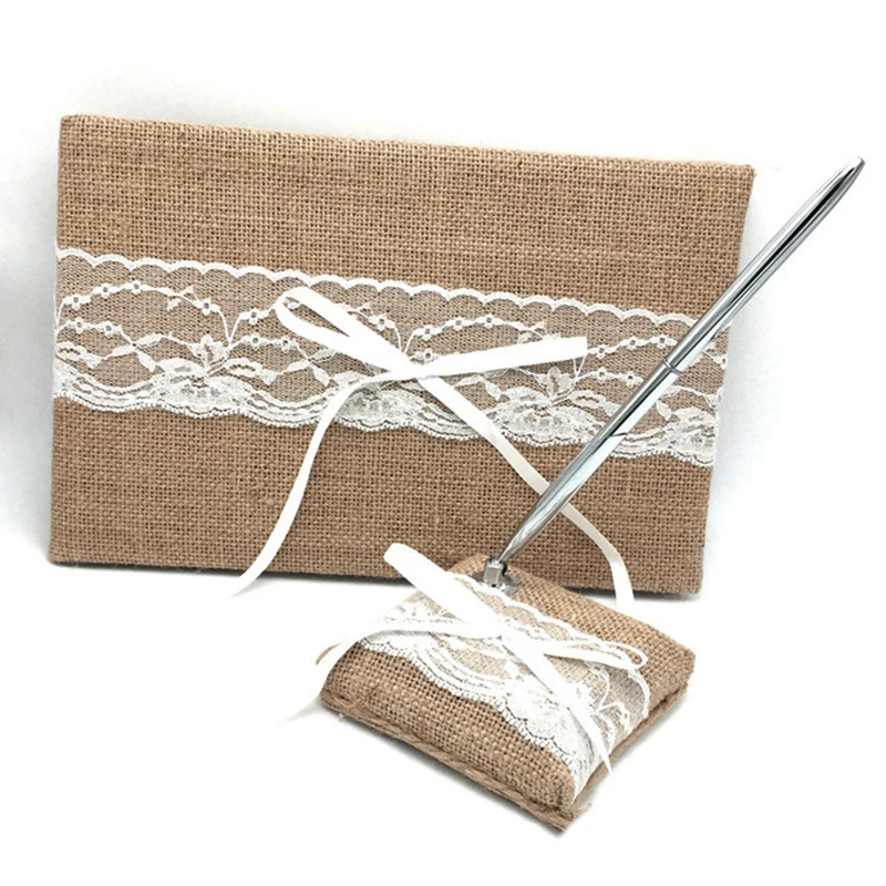 Свадебная вечеринка кружевная джутовая лента книги для гостей + ручка держатель