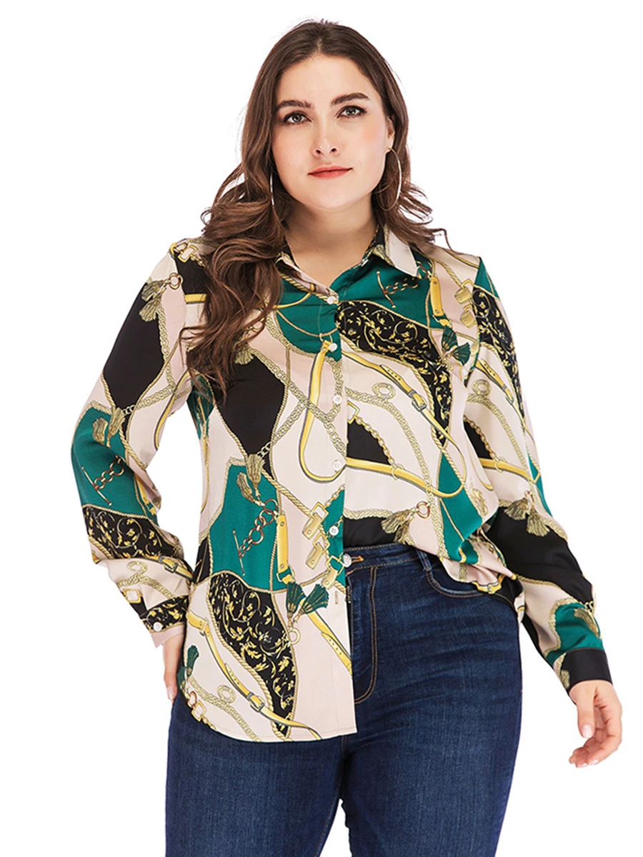 Женская блузка зеленые рубашки с цветочным принтом длинным рукавом на пуговицах