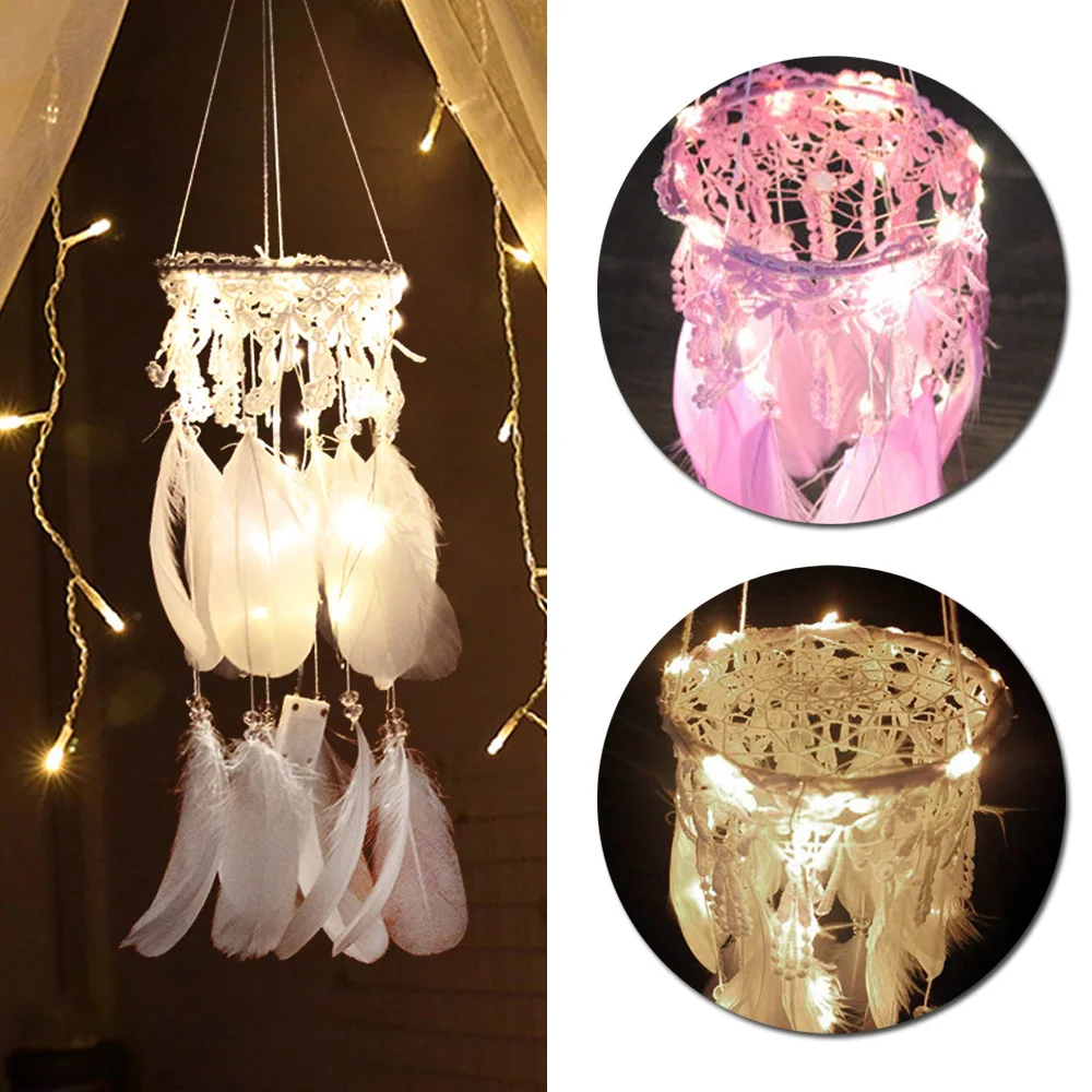 Led Dream Catcher искусство отделки перьями ветроловки Ловцы снов сетка для стене висит