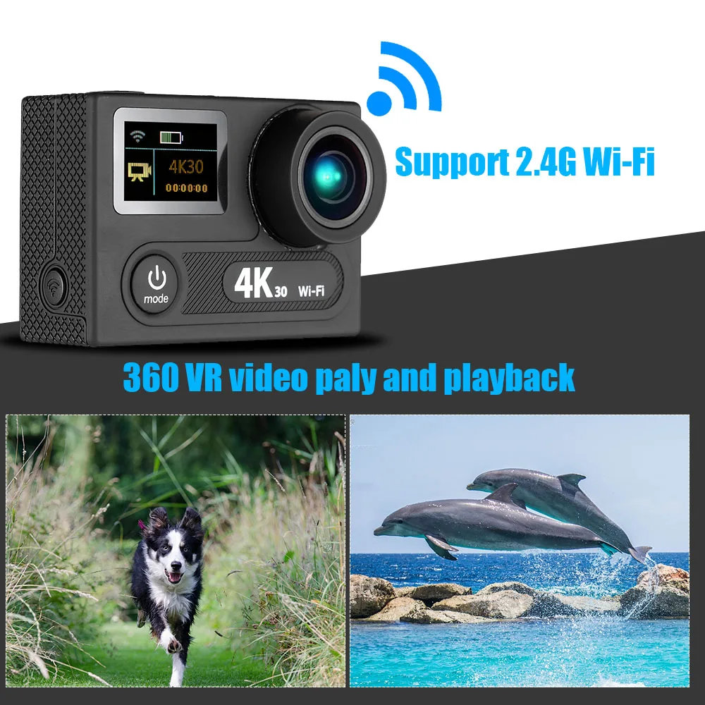 Спортивная Экшн камера с углом обзора 170 ° водонепроницаемая 30 м Wi Fi двойной ЖК