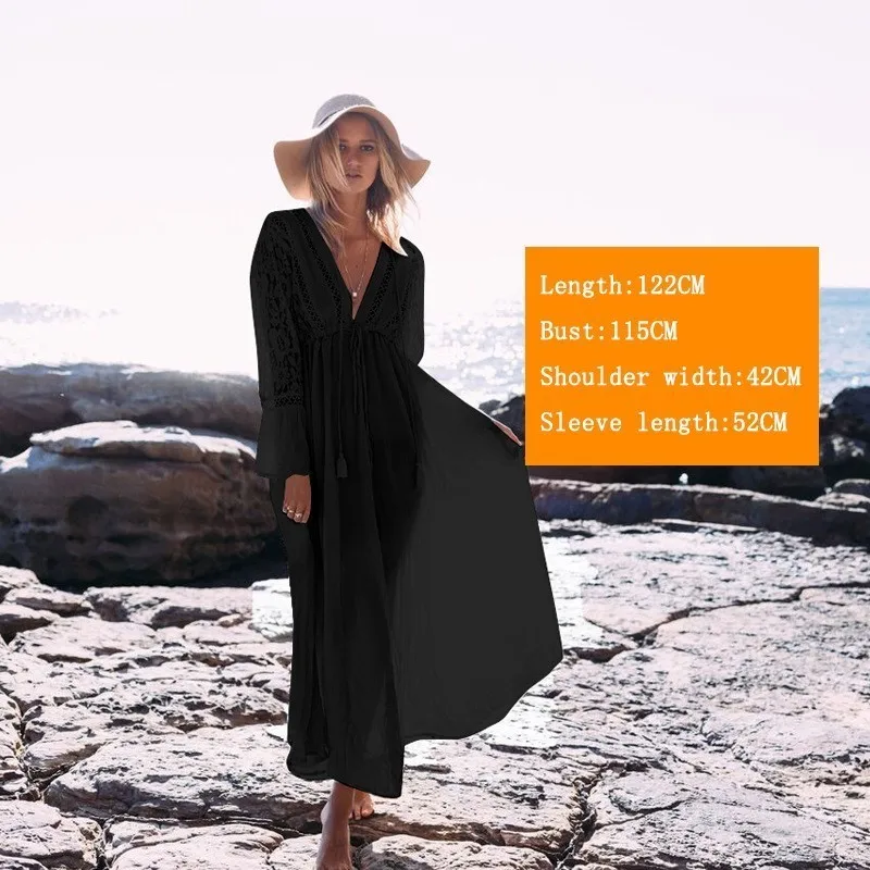 Sexy Hollow Lace Up Beach Dress Women Solid Bikini Cover V Bandage Beachwear Summer Long Sleeve Swimsuit Tunic Robe Sarong |