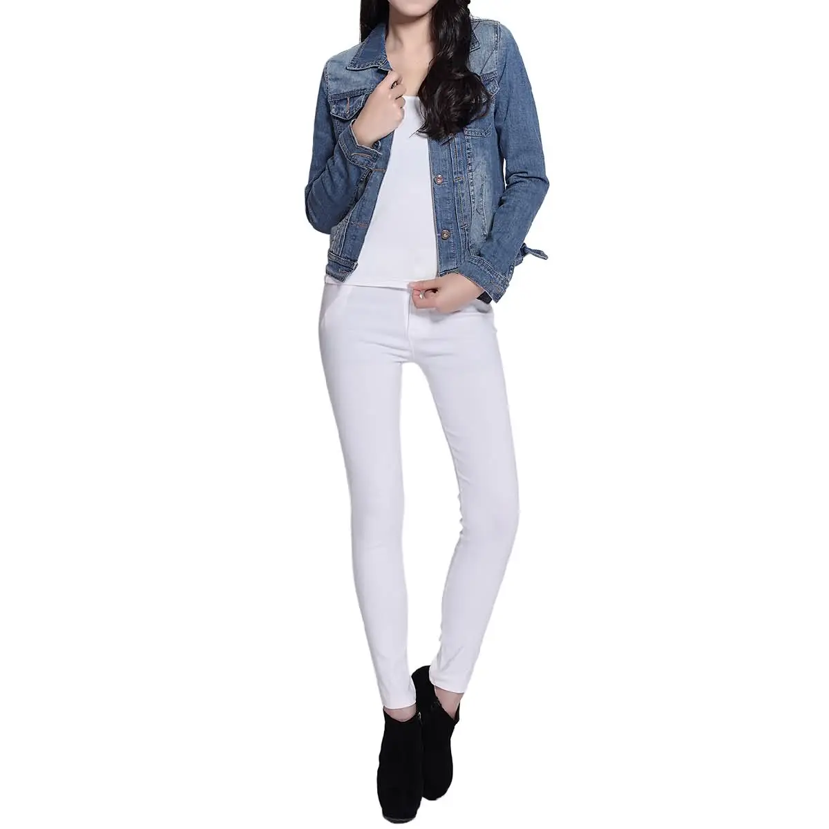 Женская короткая Базовая джинсовая куртка пальто Отбеливающее с длинными