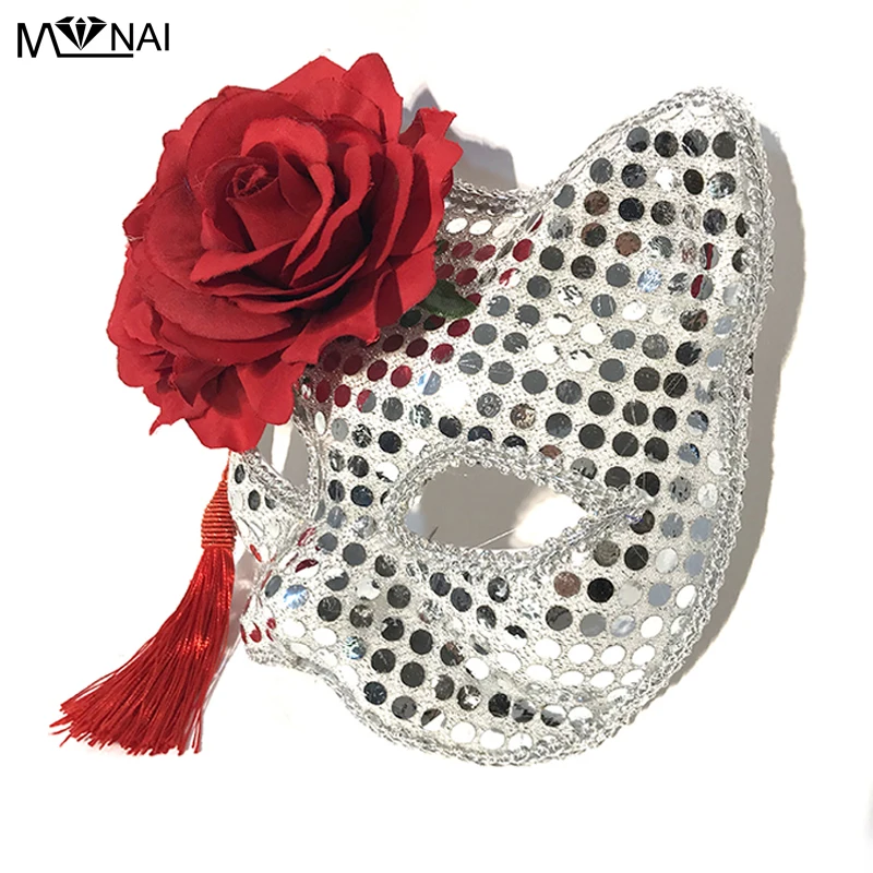 

Gothic Venetian Masquerade Fox Mask Women Rose Tassel Cat Eye Mask for Halloween Christmas Halloween Party Accessory