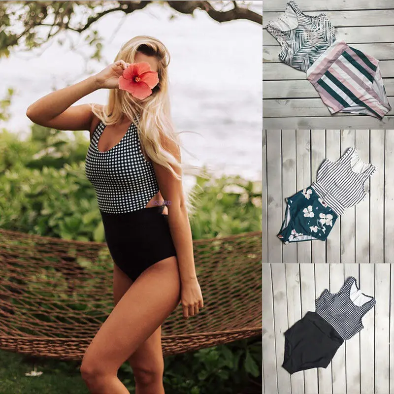 Женский слитный купальник повседневный Цельный без рукавов с принтом летняя