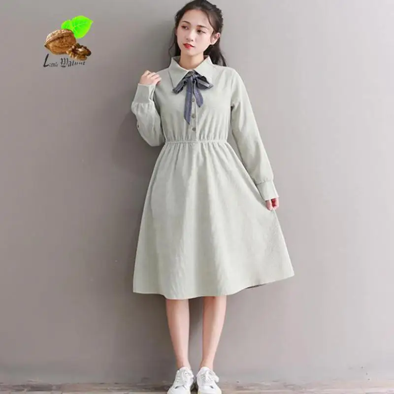 Новый для женщин Ретро Винтаж Стиль преппи Одноцветный цвет лук вельвет осенние