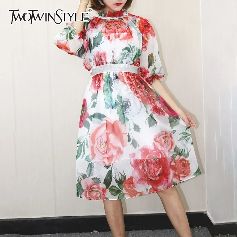 TWOTWINSTYLE шифоновые платья женское с коротким рукавом высокой талией цветочным