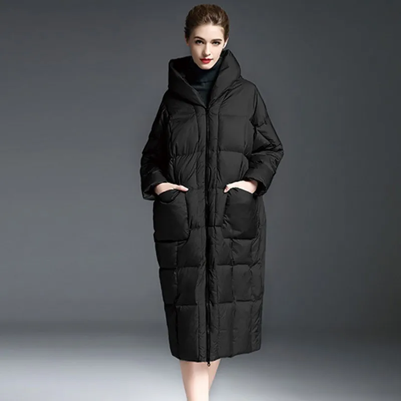 Bat Type Loose Plus Size White Duck Down Jacket Fashion Long Winter Jacket Coat Women Hooded High-end Feather Overcoat Female