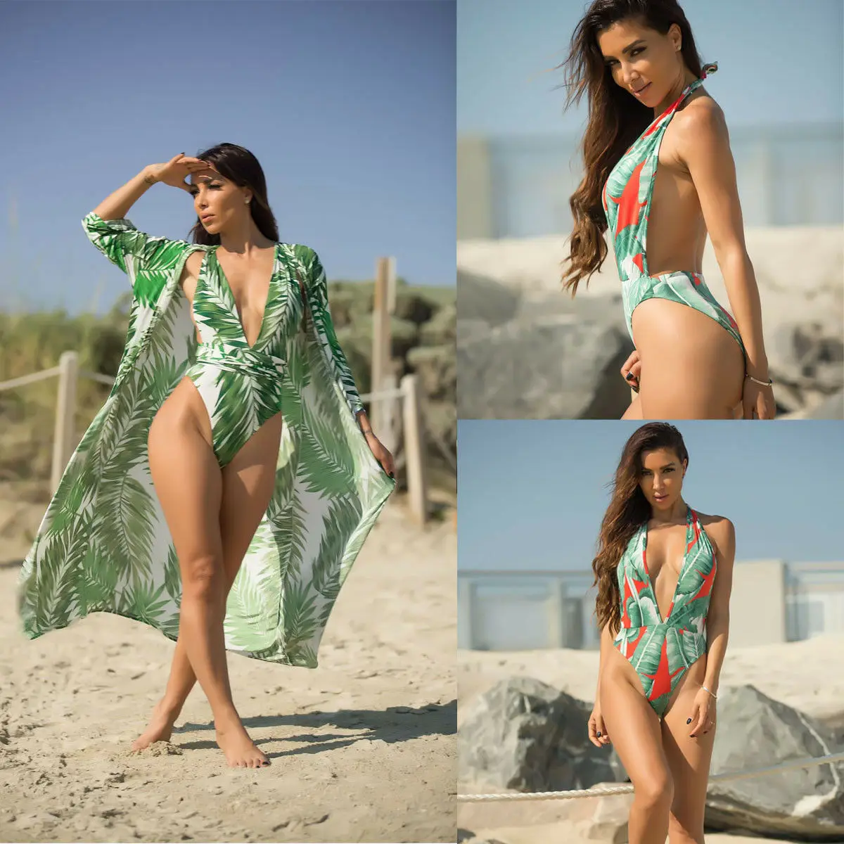

Brand New 2019 Women Sexy Green Leaf Printed Halter Bandage Swimwear Beachwear Push-up Bikini Bathing Suit Monokini
