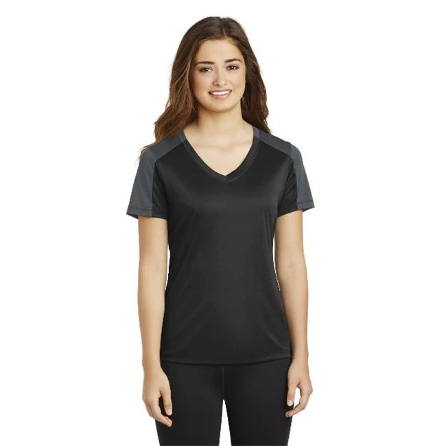 Спорт Tek LST354 женские PosiCharge competittorsleeve Blocked v образным Вырезом Tee Black & Iron Grey 2XL| |