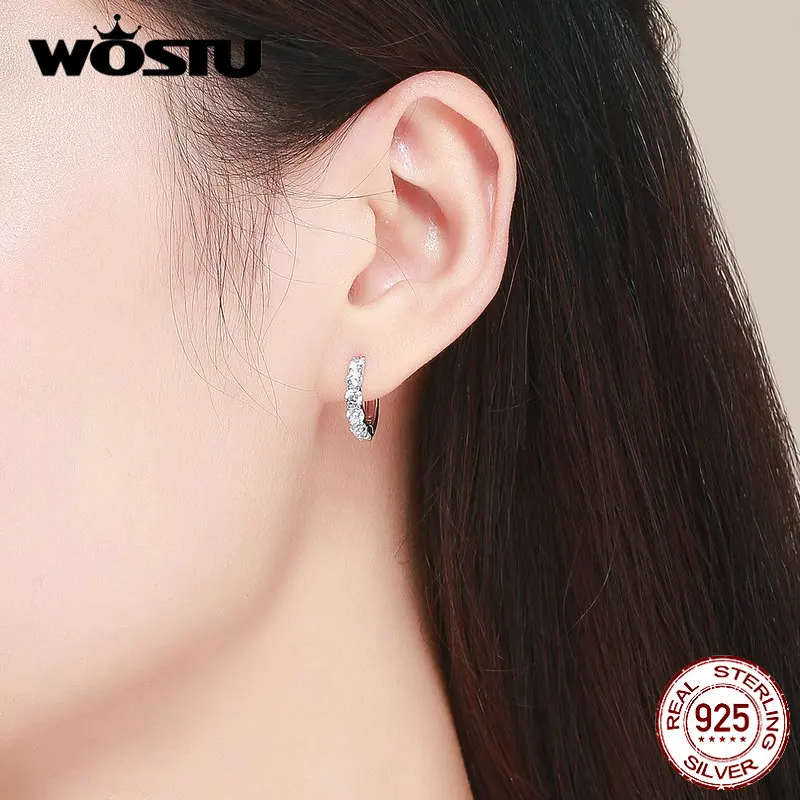 Женские серьги кольца WOSTU круглые из стерлингового серебра 925 пробы с прозрачным