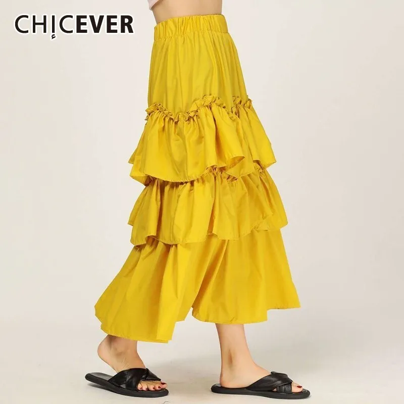 CHICEVER Spring Sweet Women Ruffles Skirt High Elastic Waist A-line Mid-calf Loose Oversize Female Skirts 2020 Fashion New | Женская
