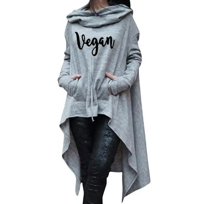 

For Women Vegan Letters Print Long Irregular Sweatshirts Hoodies Women Tops Femmes Corduroy Loose Print Comfortable