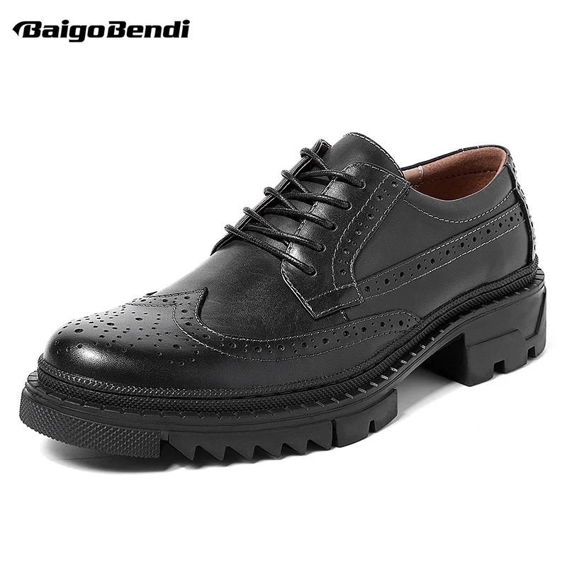 US Size British Style Carving Oxfords Man Thick Heel 4cm Genuine Leather Brogue Shoes Business Hight End Trendy | Обувь
