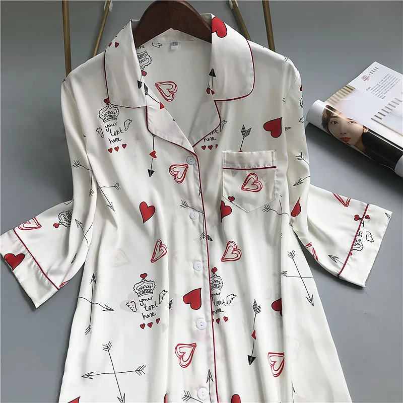 С коротким рукавом и принтом летняя Пижама сексуальный прозрачный шелк Женский